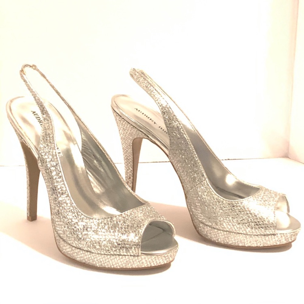 Audrey Brooke silver glitter sling back heels
